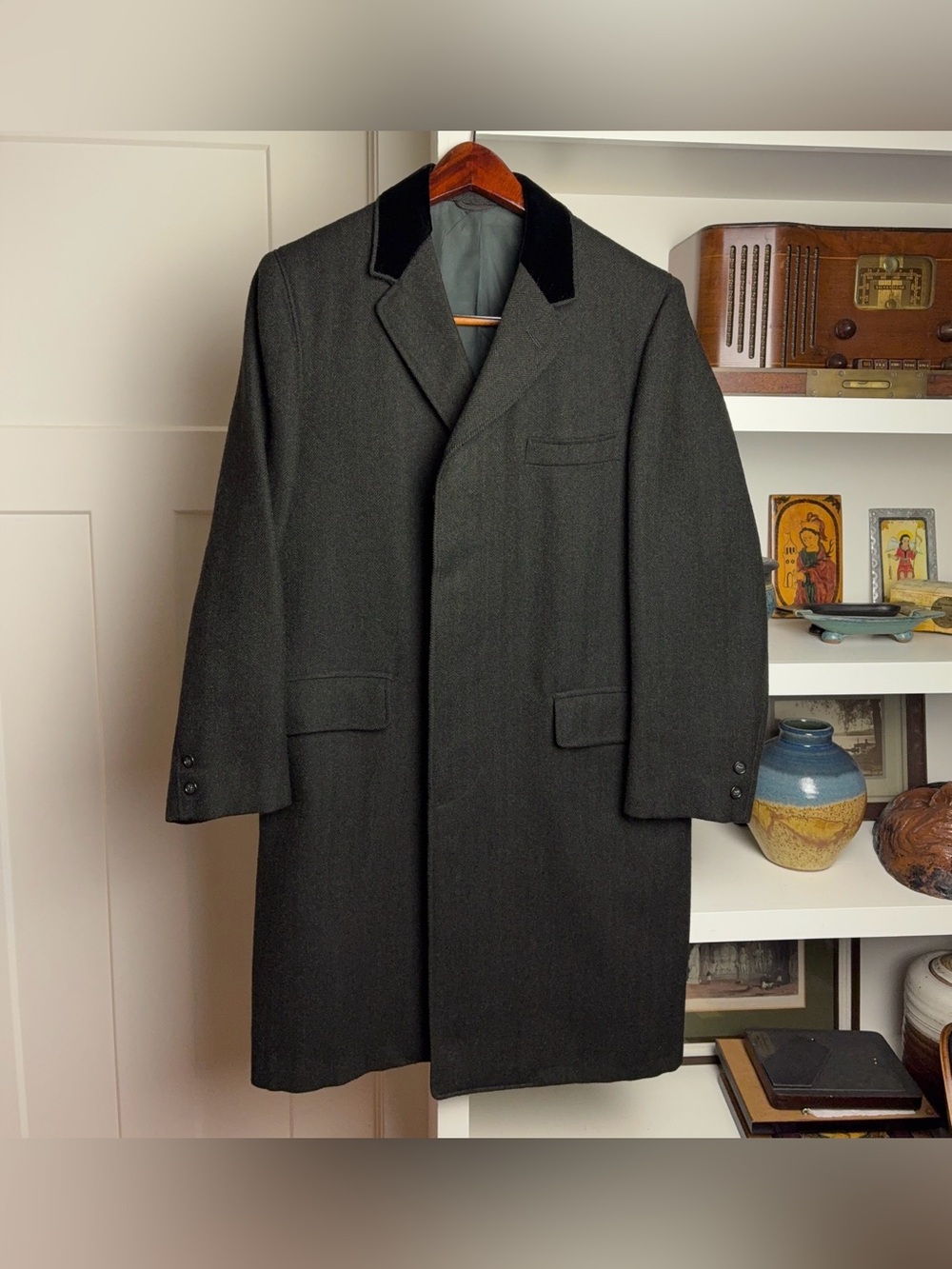 Vtg 60s Mens Wool Overcoat 60s Grey Green Sz S/M